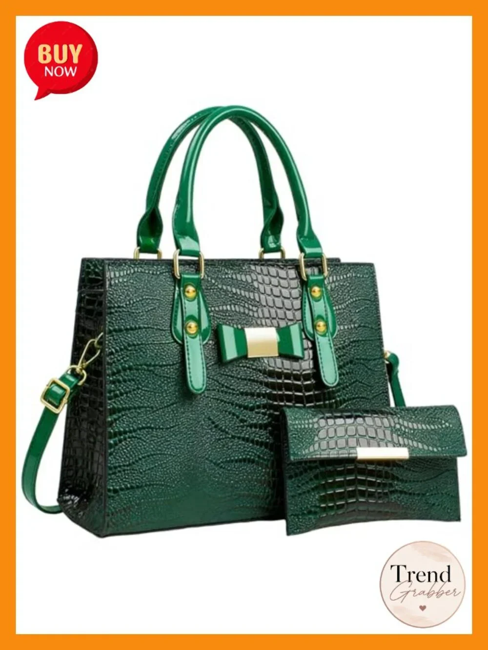 PU Leather Satchel Tote with Wallet, Alligator Texture, Chic Bow